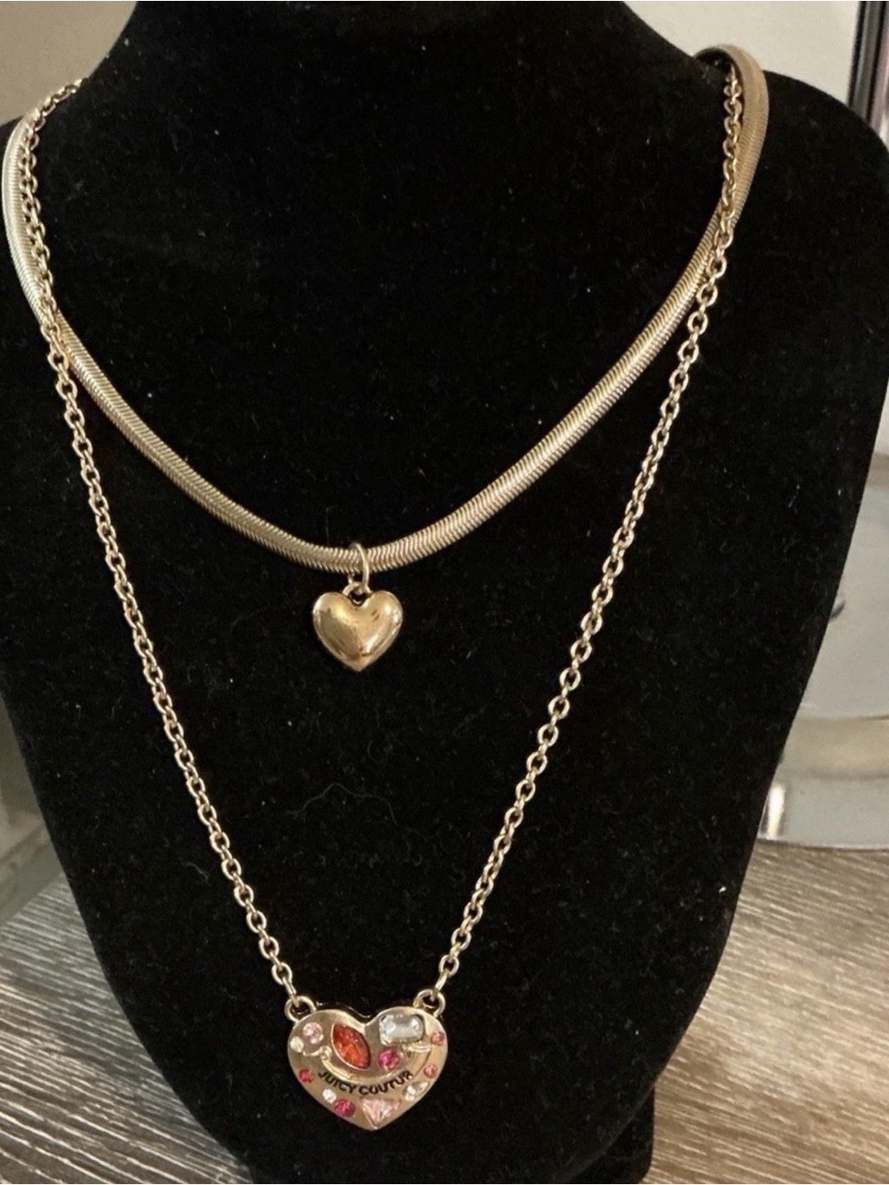 Juicy Couture NEW Gold-Tone Double Layer Heart Pendant Rhinestone Necklace